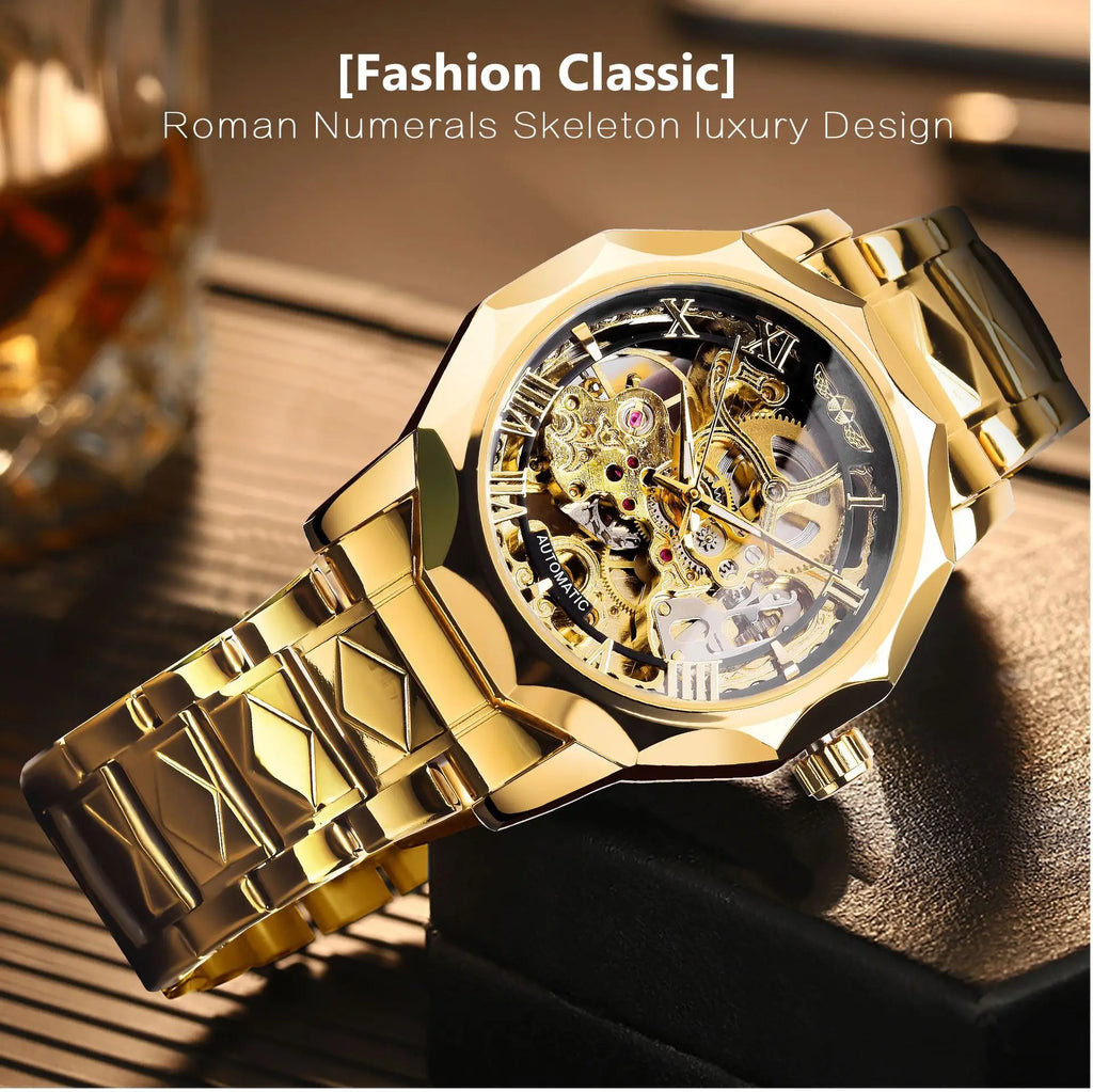 T-Winner Men’s Mechanical Watch – Luxury Hollow Polygonal Dial Stainless Steel Band