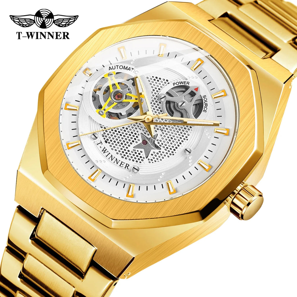 T-Winner Men's Skeleton Automatic Watch – Classic Stainless Steel Mechanical Timepiece