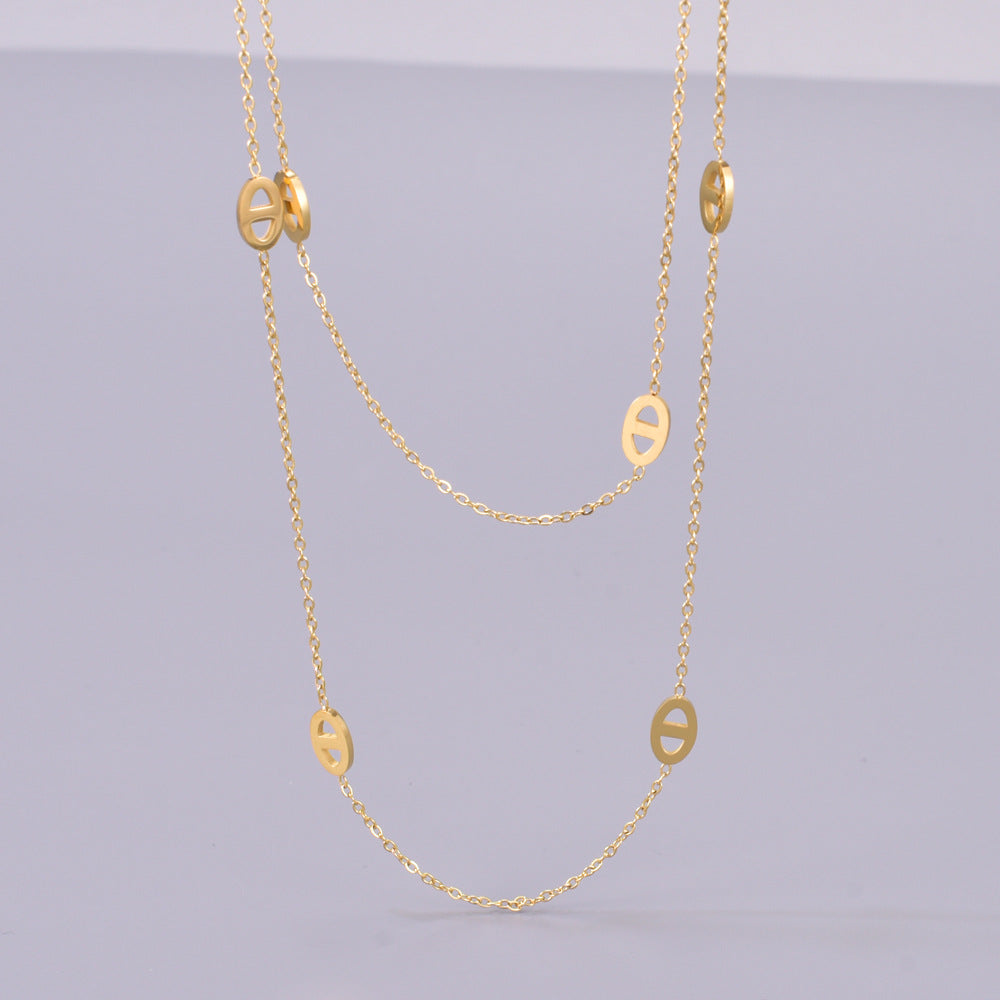 Double-Layer Titanium Steel Long Necklace – Light Luxury Women’s Pig Nose Chain