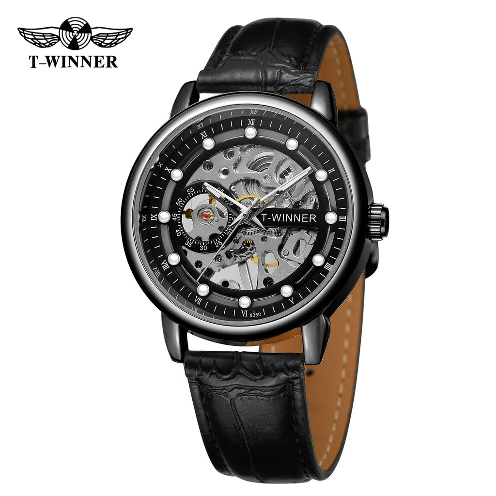 T-Winner Men's Mechanical Watch – Luminous Vintage Casual with Leather Strap