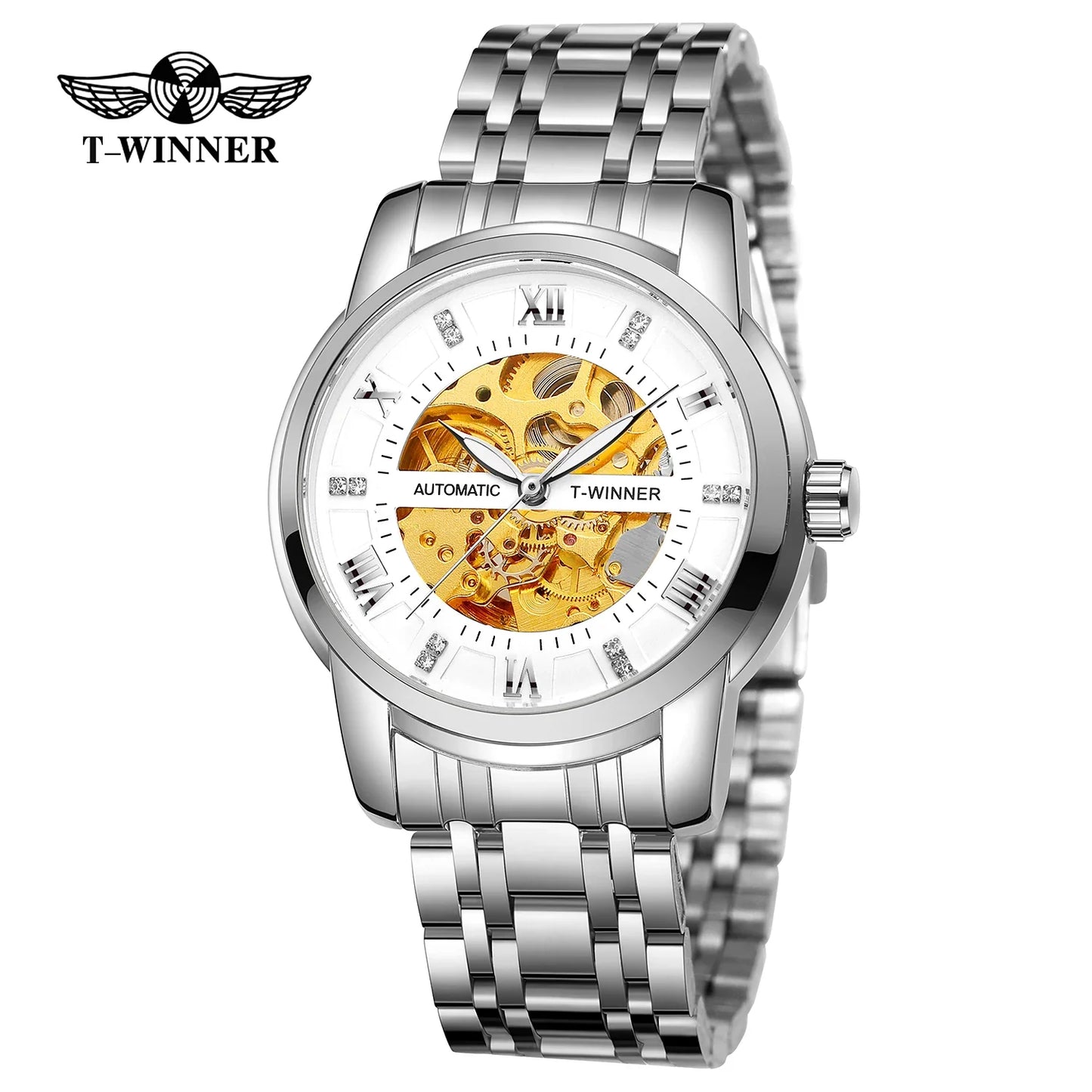 T-WINNER Men’s Mechanical Watch – Luminous Transparent Dial Stainless Steel Band