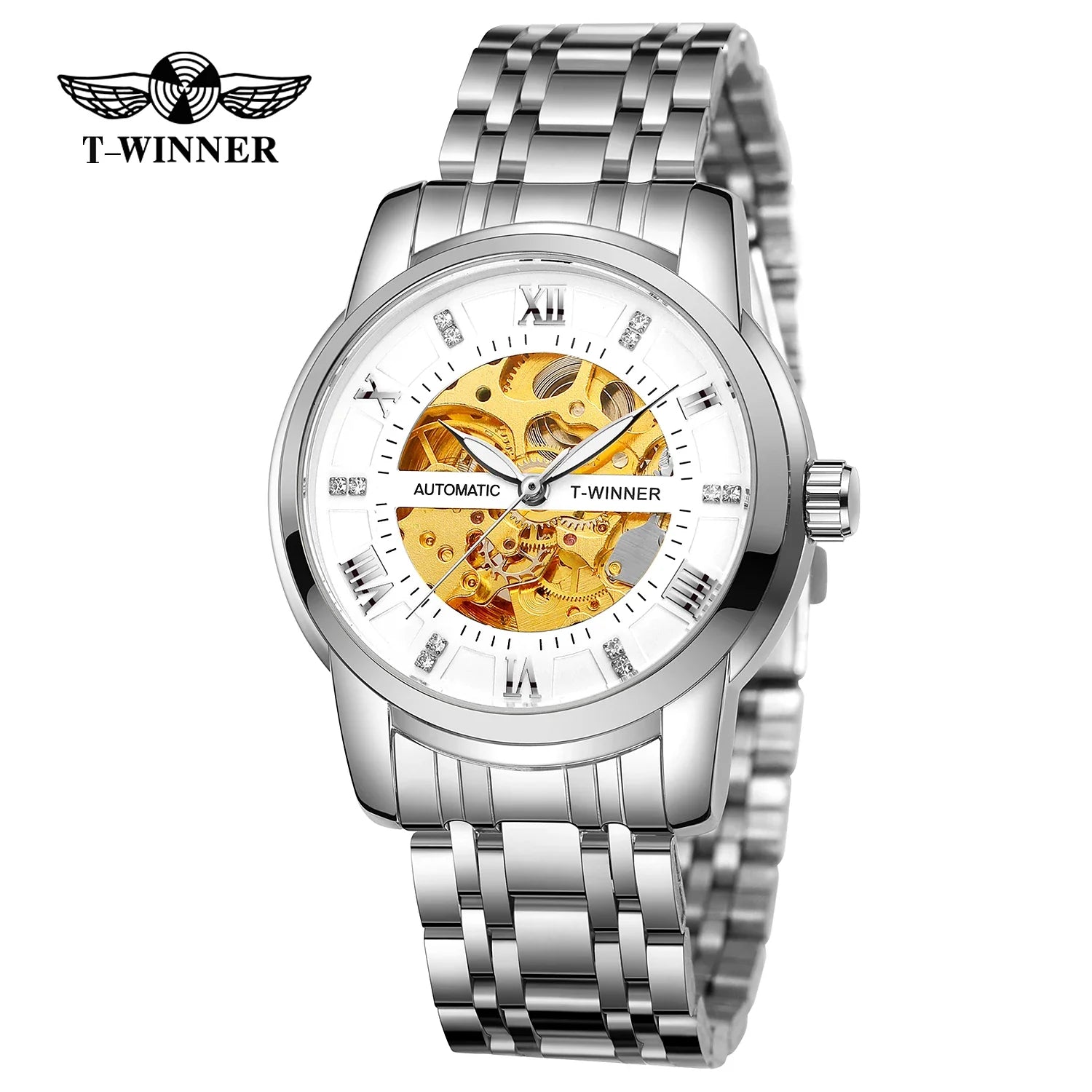 T-WINNER Men’s Mechanical Watch – Luminous Transparent Dial Stainless Steel Band