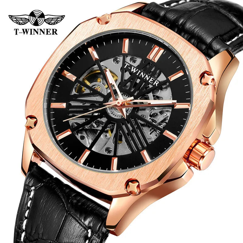 T-Winner Men’s Automatic Mechanical Watch – Leather Strap Hollow Flywheel Design