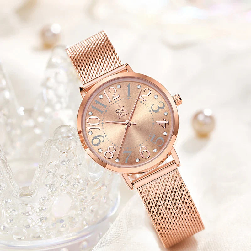 SK Women’s Quartz Watch – Stainless Steel Mesh Band, Waterproof Fashion Analog