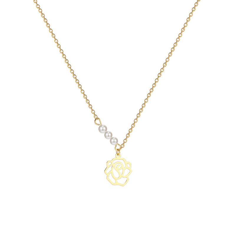 Rose Charm Pearl Trio Necklace for Women – Korean Style Titanium Steel Jewelry