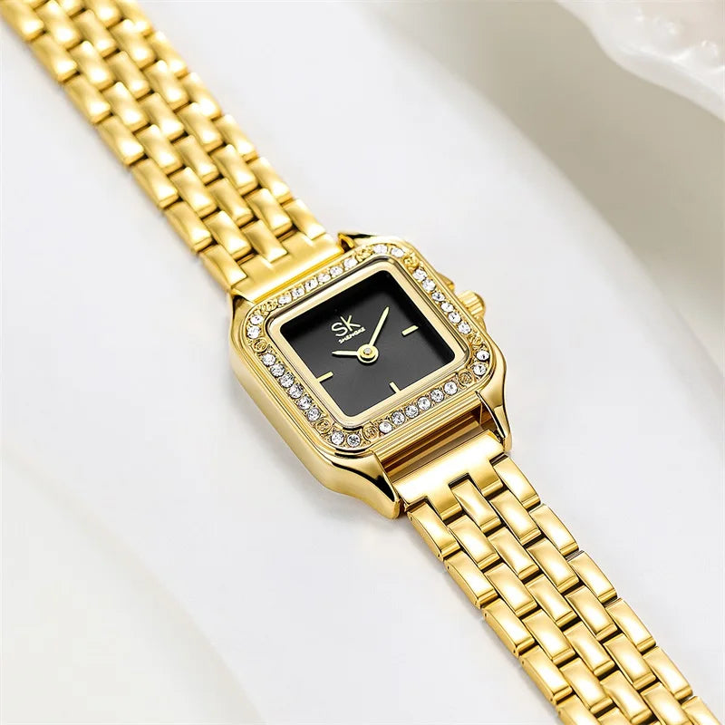 SK Women’s Quartz Watch – Elegant Square Dial with Diamond Accents, Stainless Steel Band