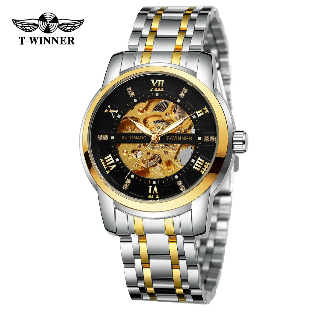 T-WINNER Men’s Mechanical Watch – Luminous Transparent Dial Stainless Steel Band