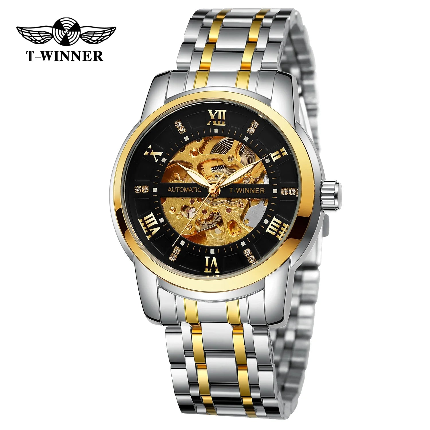 T-WINNER Men’s Mechanical Watch – Luminous Transparent Dial Stainless Steel Band