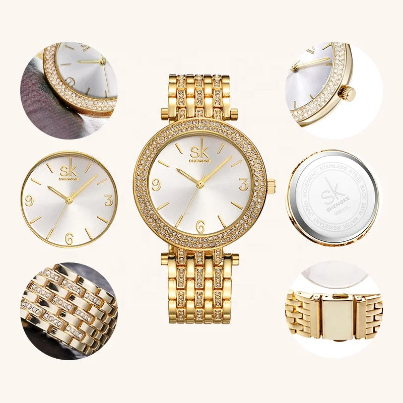 SK Women’s Luxury Diamond Quartz Watch – Iced Out Alloy Waterproof Timepiece