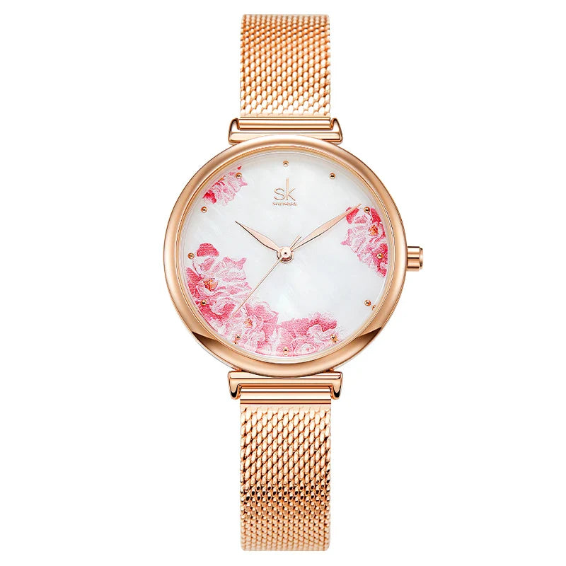 SK Women’s Classic Quartz Watch – Floral Thin Band, Elegant Round Dial Wristwatch