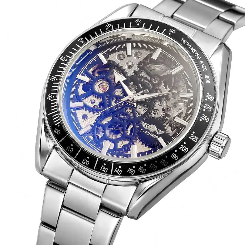 T-Winner Men’s Automatic Mechanical Watch – Stainless Steel Skeleton Wristwatch