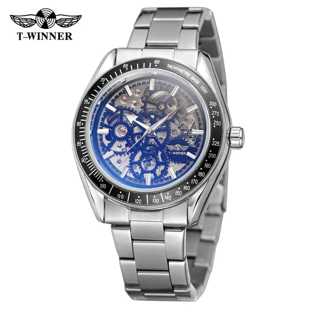 T-Winner Men’s Automatic Mechanical Watch – Stainless Steel Skeleton Wristwatch