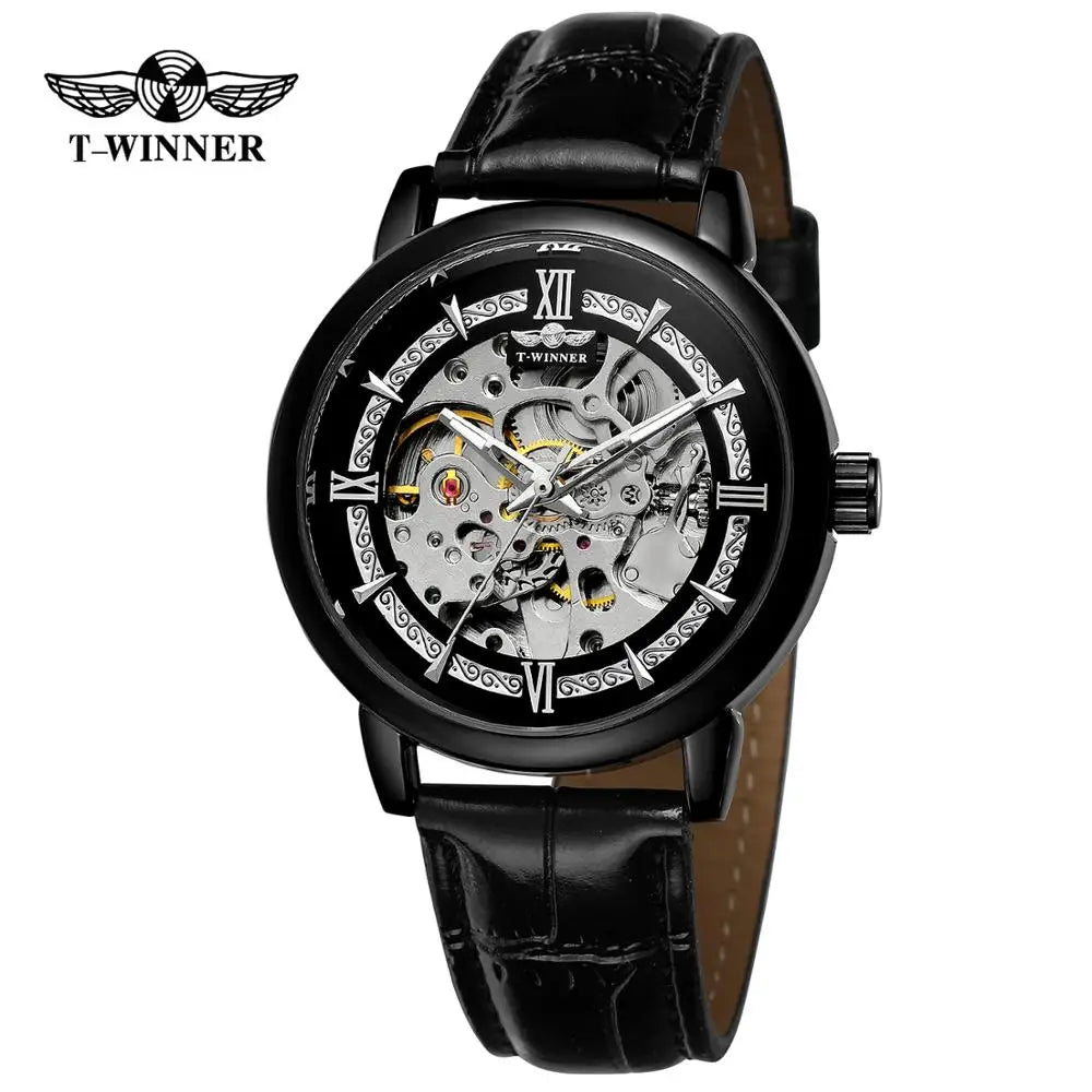 T-Winner Men’s Leather Automatic Mechanical Watch – Full Skeleton Hollow Design