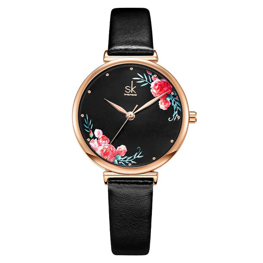 SK Women’s Classic Quartz Watch – Floral Thin Band, Elegant Round Dial Wristwatch