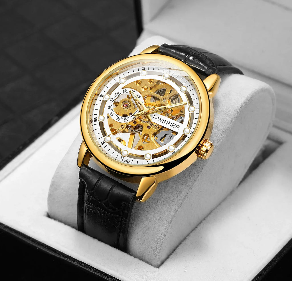 T-Winner Men's Mechanical Watch – Luminous Vintage Casual with Leather Strap