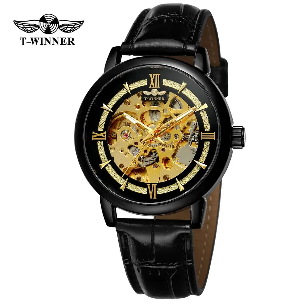 T-Winner Men’s Leather Automatic Mechanical Watch – Full Skeleton Hollow Design