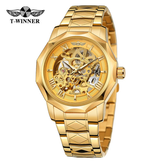 T-Winner Men’s Mechanical Watch – Luxury Hollow Polygonal Dial Stainless Steel Band