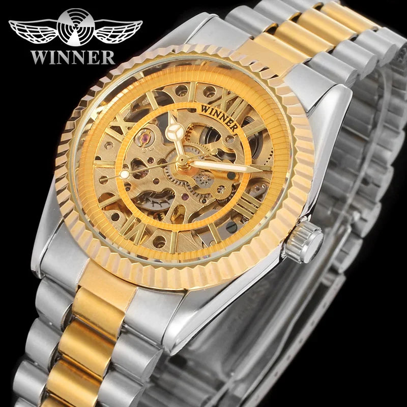 T-Winner Men's Gold Mechanical Watch – Luxury Skeleton Self-Winding Men’s Watch