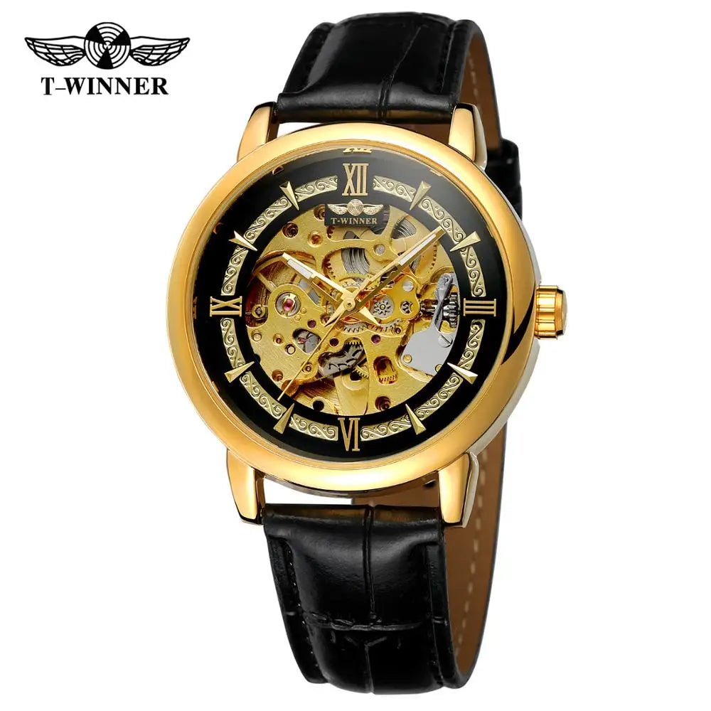 T-Winner Men’s Leather Automatic Mechanical Watch – Full Skeleton Hollow Design