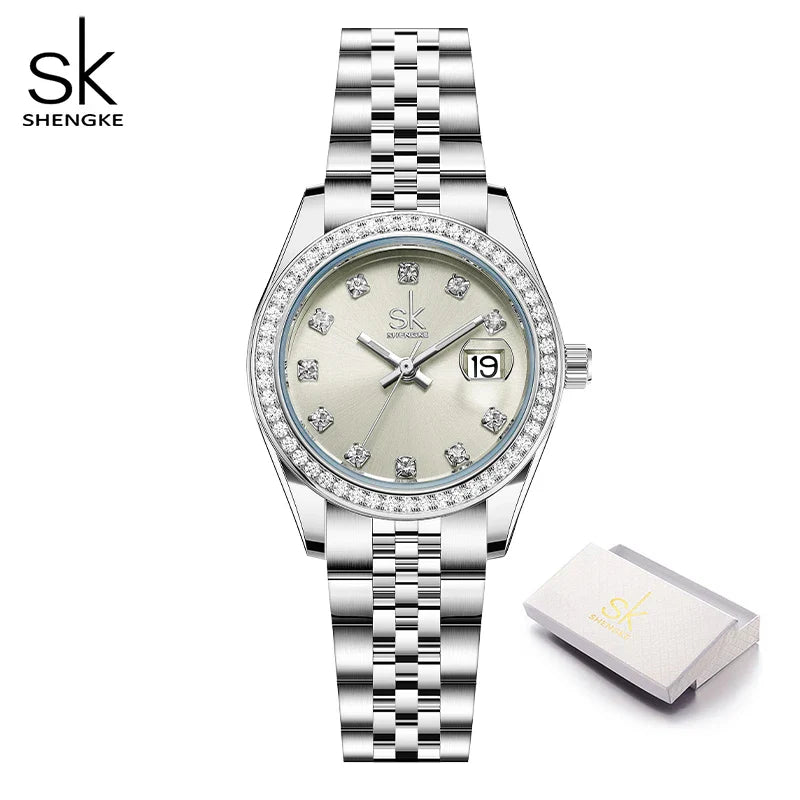SK Women’s Crystal Quartz Watch – Stainless Steel Band, 3BAR Water-Resistant
