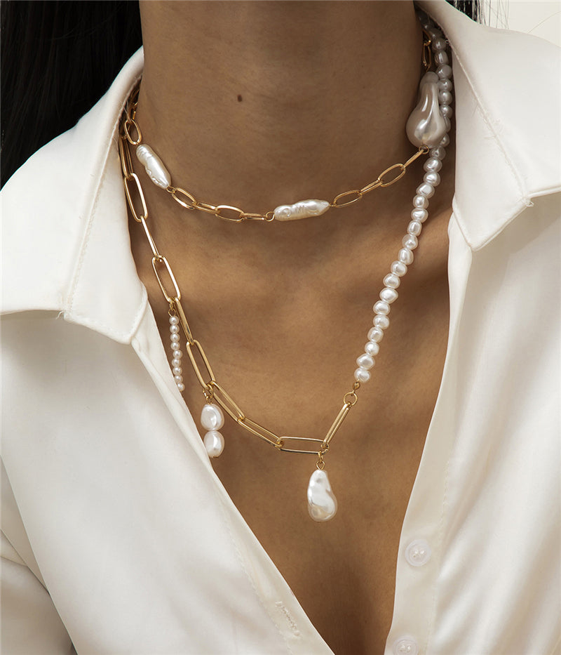 Layered Pearl Chain Necklace – Gold-Tone Irregular Baroque Jewelry for Women