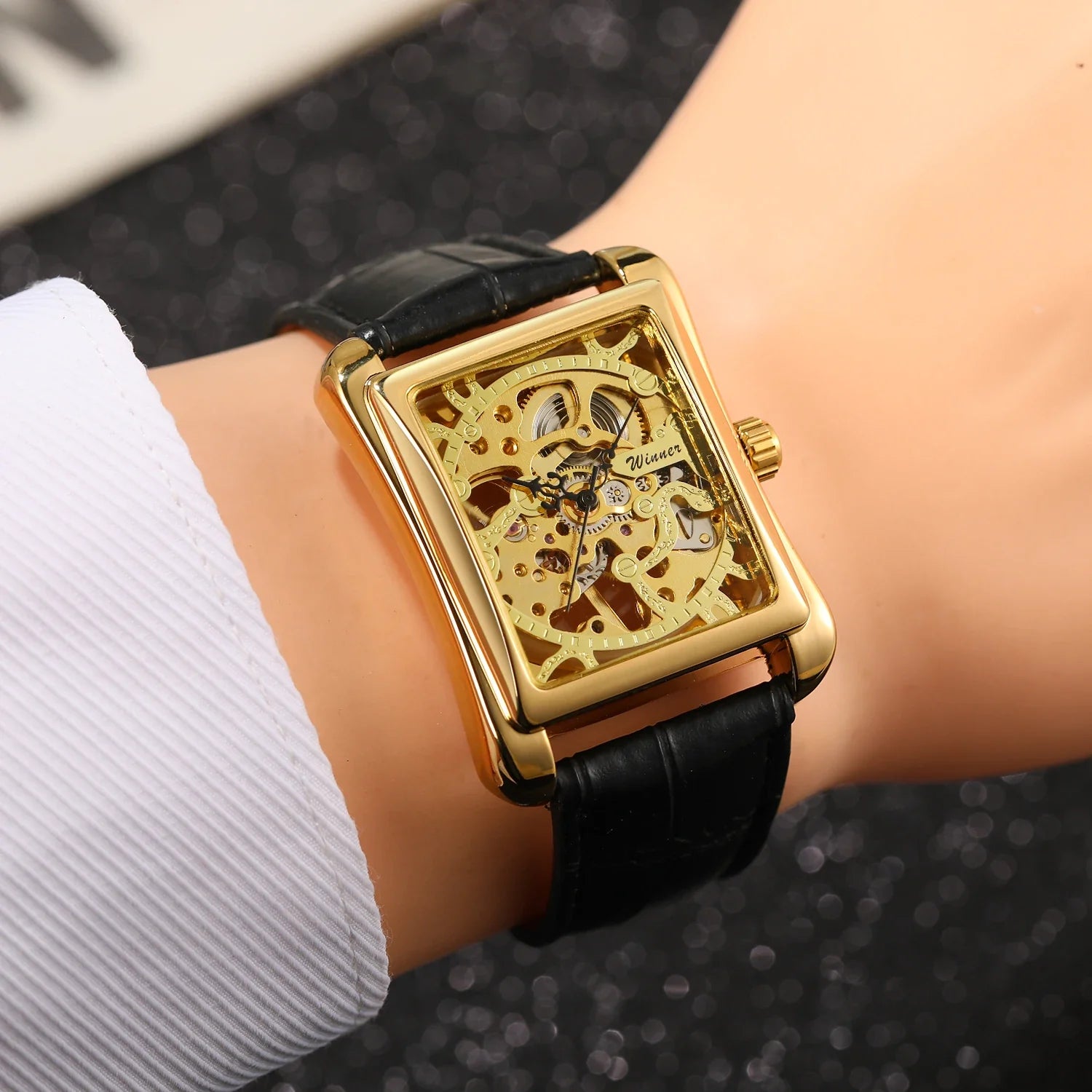 T-Winner Men's Mechanical Watch – Vintage Leather Strap, Rectangle Analog Timepiece