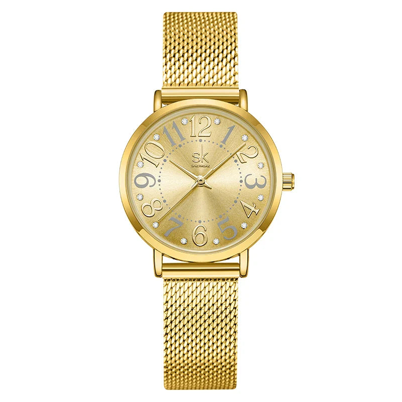 SK Women’s Quartz Watch – Stainless Steel Mesh Band, Waterproof Fashion Analog