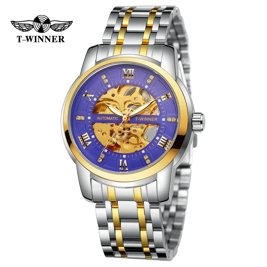 T-WINNER Men’s Mechanical Watch – Luminous Transparent Dial Stainless Steel Band