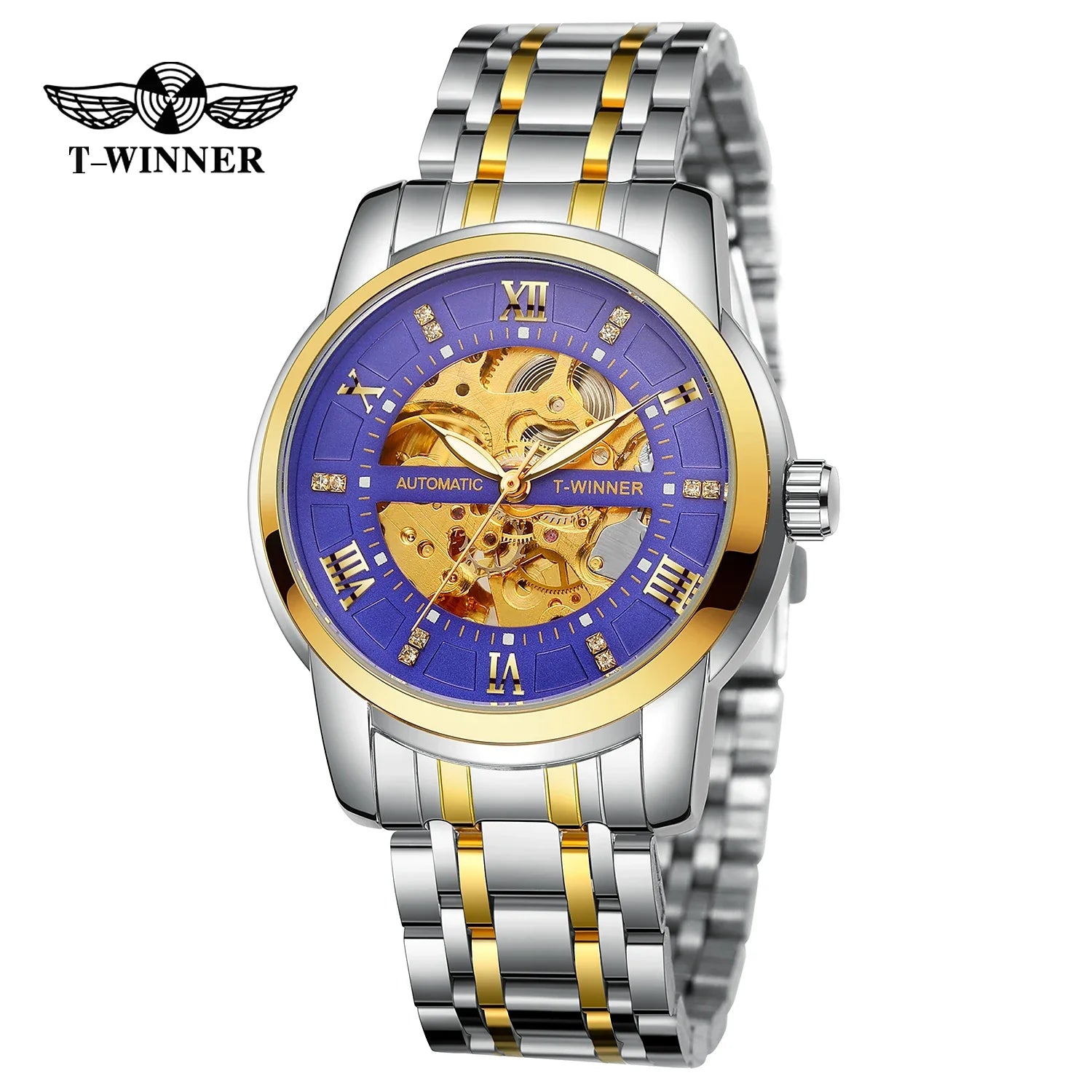 T-WINNER Men’s Mechanical Watch – Luminous Transparent Dial Stainless Steel Band
