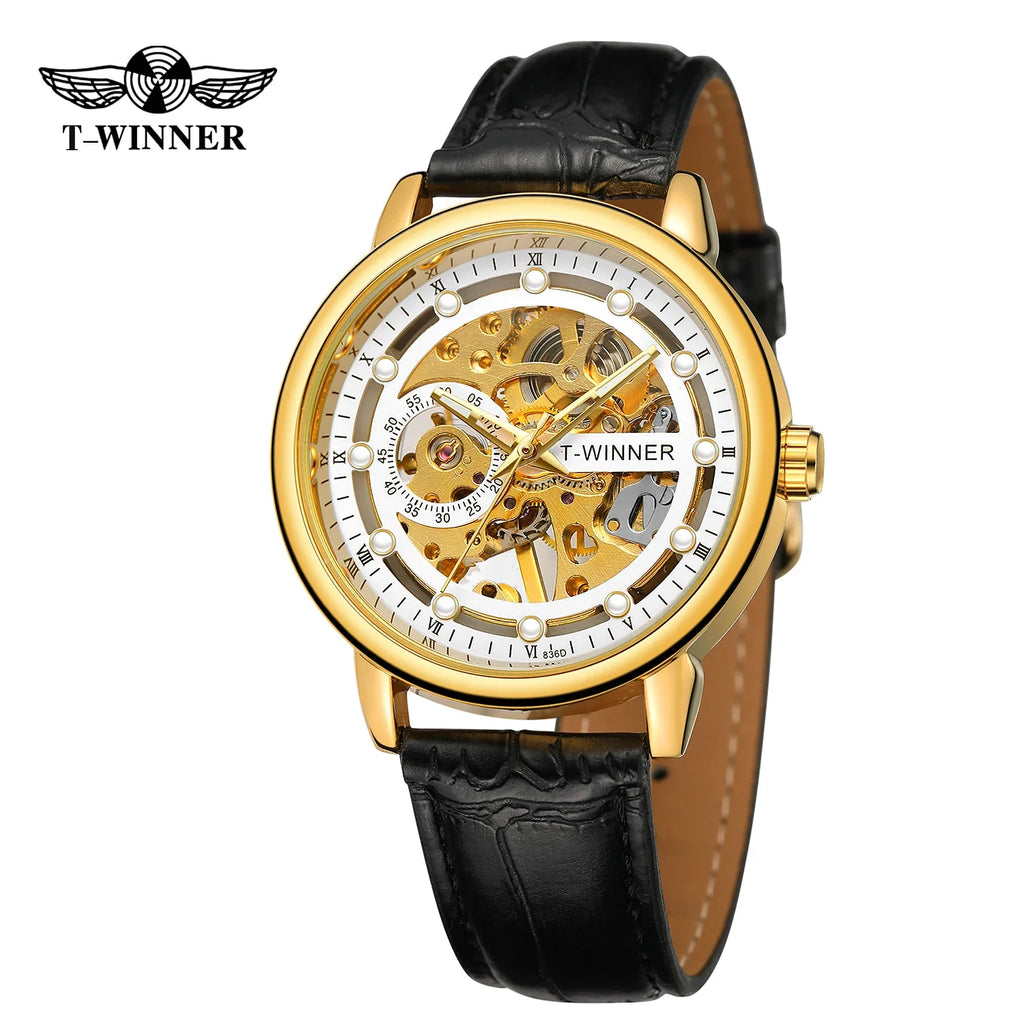 T-Winner Men's Mechanical Watch – Luminous Vintage Casual with Leather Strap