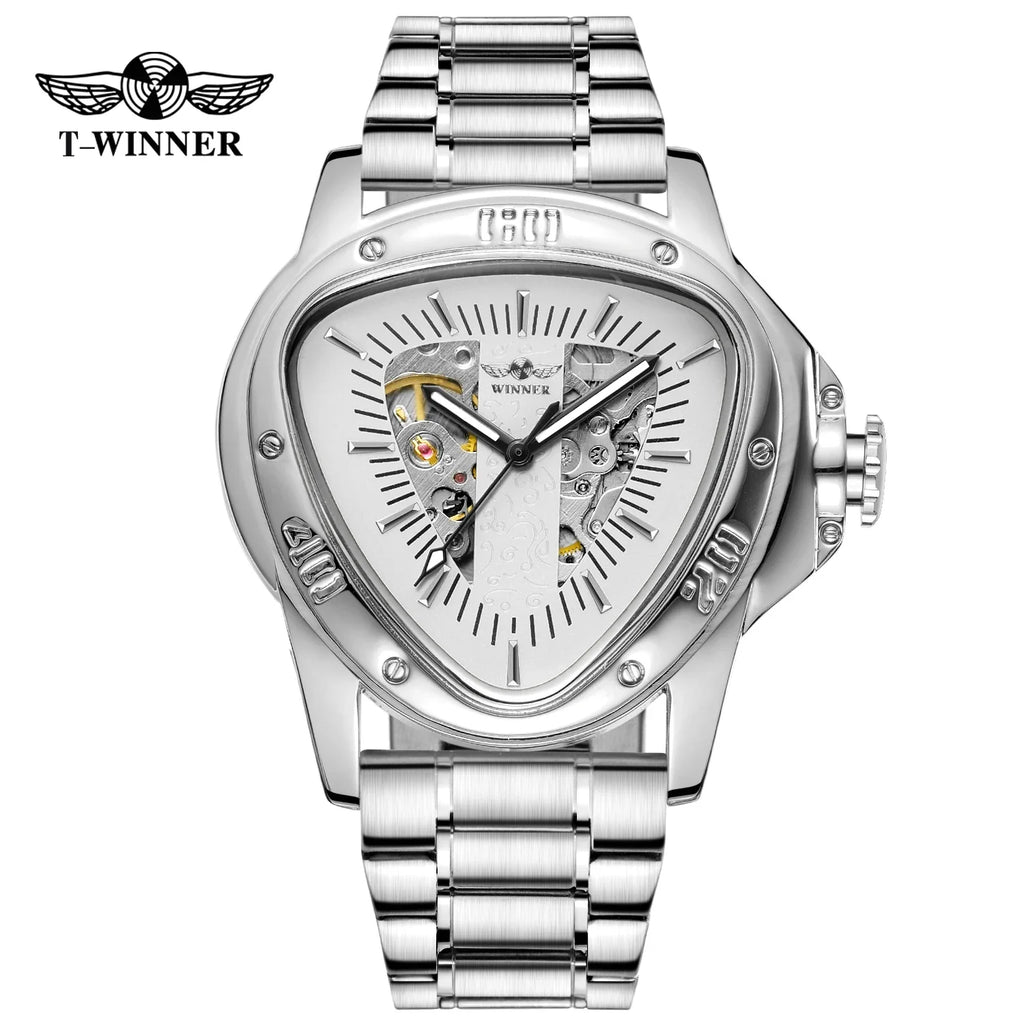 T-Winner Men’s Mechanical Triangle Watch – Luminous Stainless Steel Wristwatch