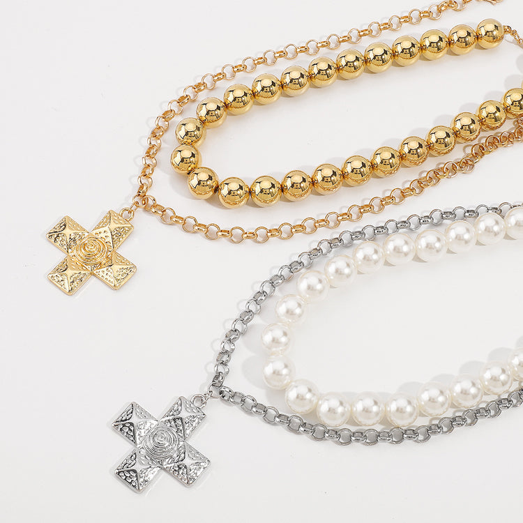 Retro Layered Cross Pendant Necklace – Exaggerated Metal Chain Jewelry for Women
