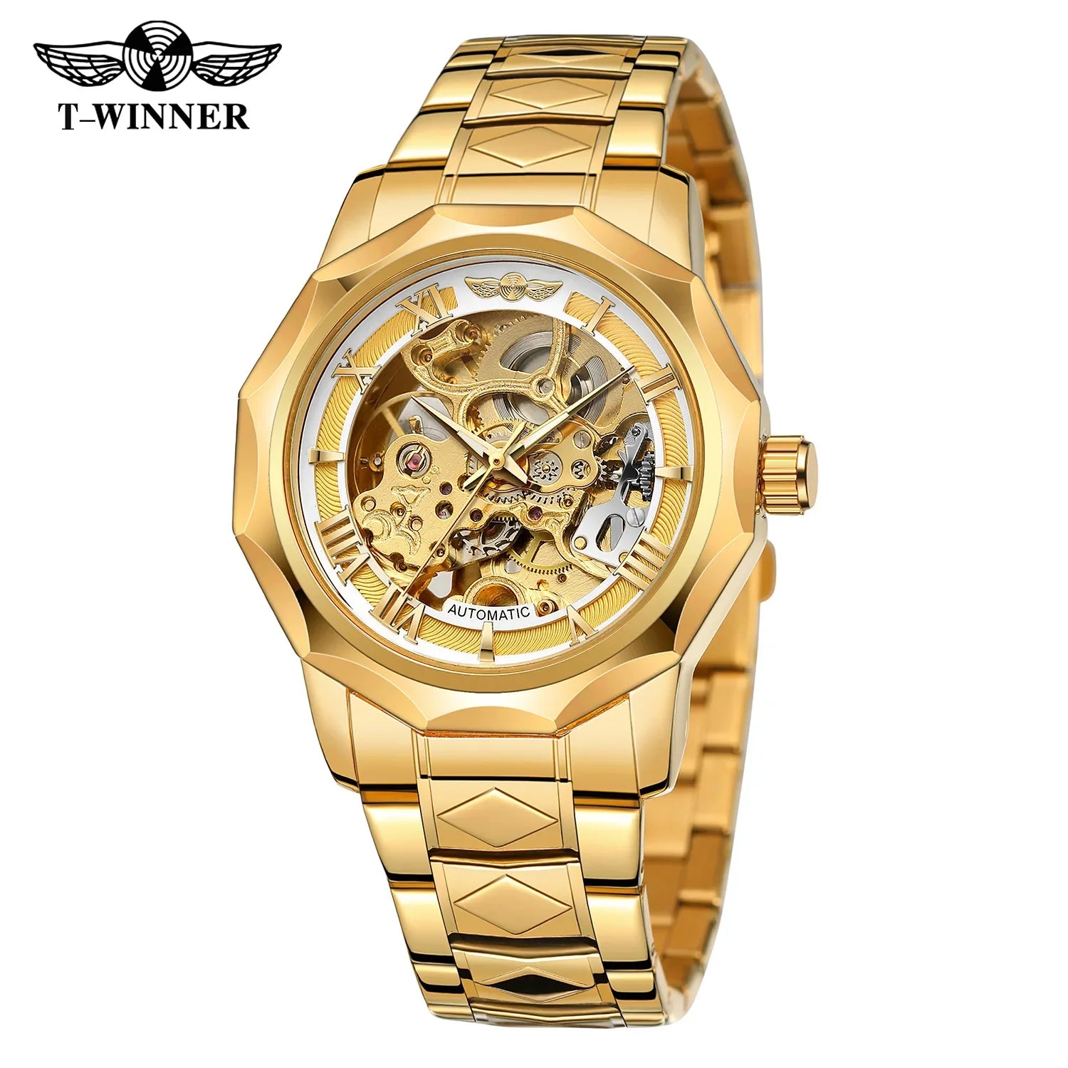 T-Winner Men’s Mechanical Watch – Luxury Hollow Polygonal Dial Stainless Steel Band
