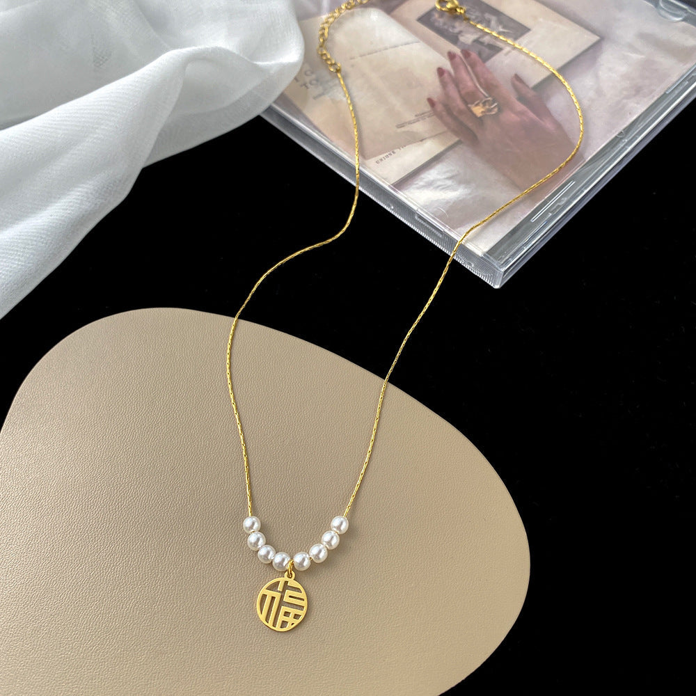 Symbol Pearl Stack Pendant Necklace for Women – Korean Style Titanium Steel Jewelry