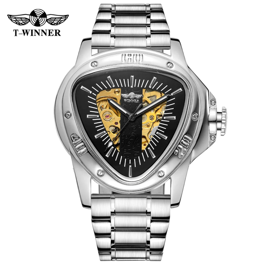 T-Winner Men’s Mechanical Triangle Watch – Luminous Stainless Steel Wristwatch