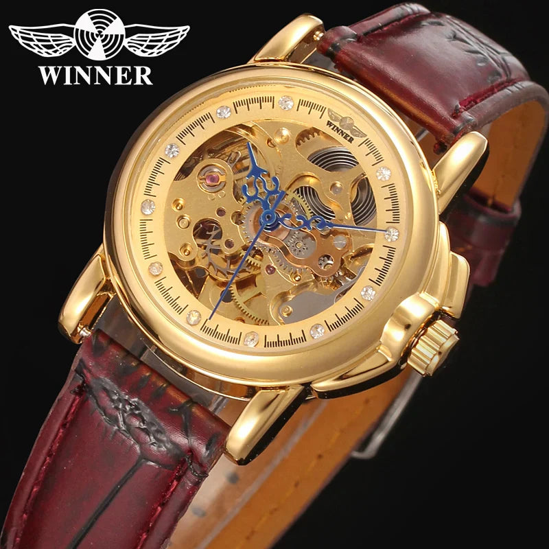 T-WINNER Women's Skeleton Watch – Automatic Mechanical Leather Strap, Fashion Timepiece
