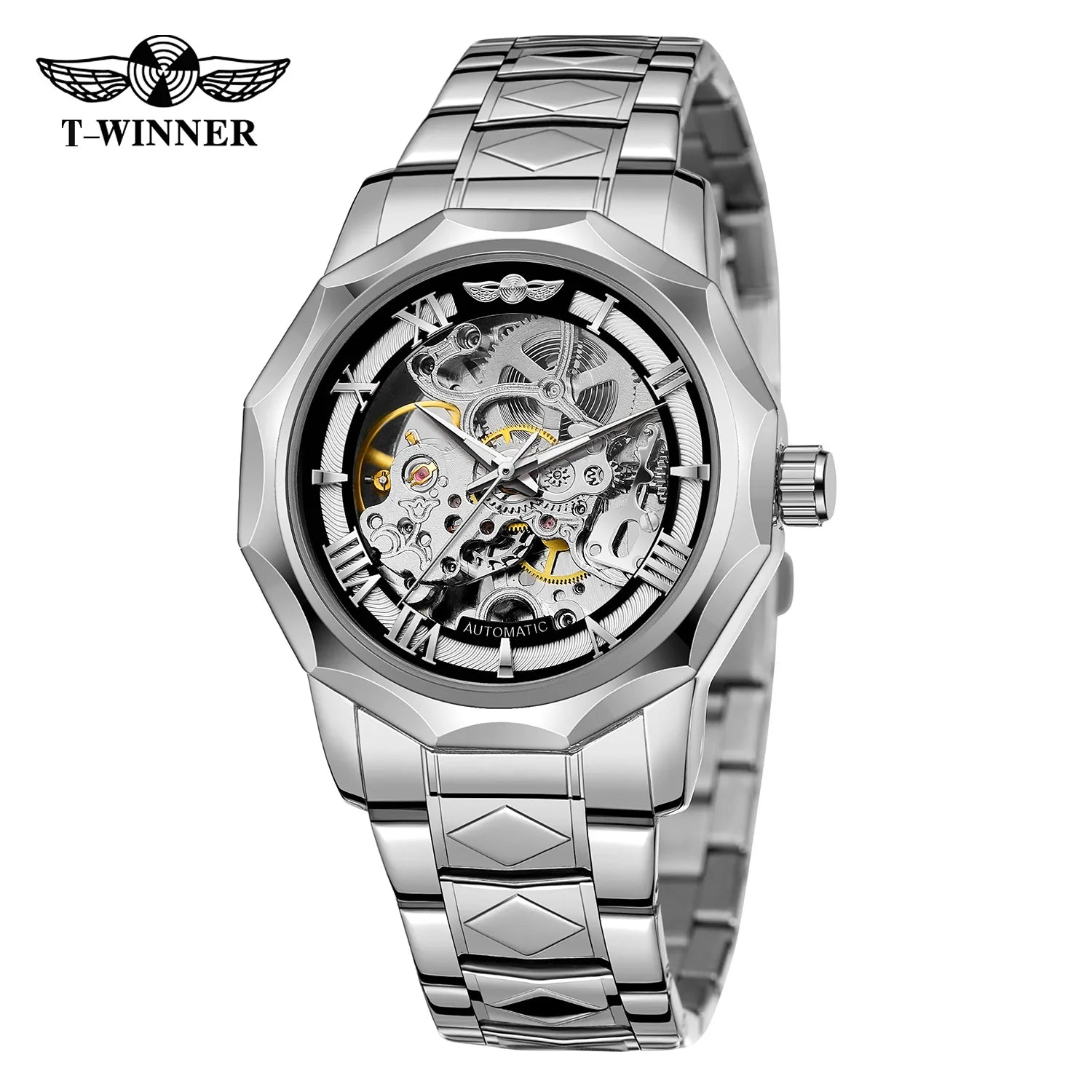 T-Winner Men’s Mechanical Watch – Luxury Hollow Polygonal Dial Stainless Steel Band
