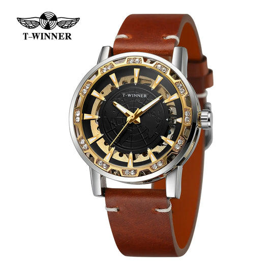 T-Winner Men’s Skeleton Mechanical Watch – Luminous Leather Strap Automatic Timepiece