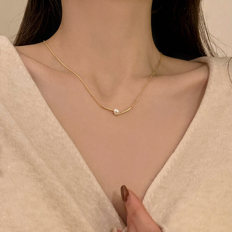 Bar Pendant Single Pearl Necklace for Women – Korean Style Titanium Steel Jewelry