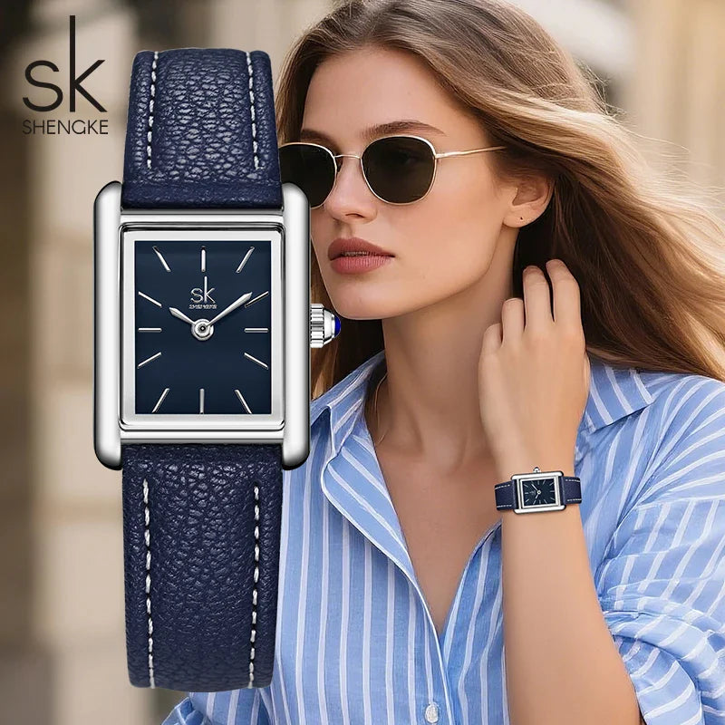 SK Women’s Square Quartz Watch – Leather Strap, Water-Resistant Luxury Wristwatch