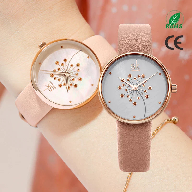 SK Floral Women’s Watch with Leather Strap – Trendy 3ATM Waterproof Timepiece