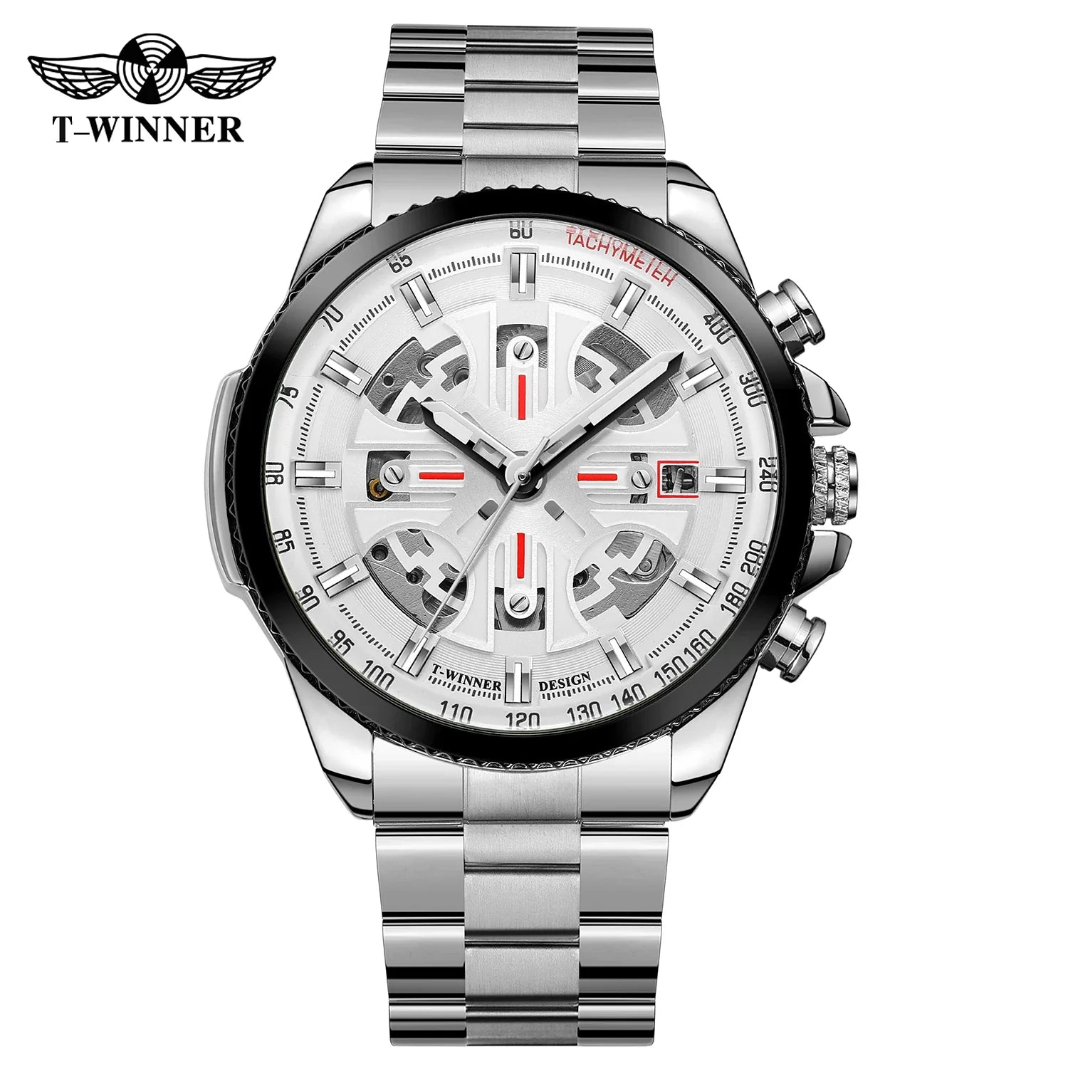 T-Winner Men’s Automatic Tachymeter Watch – Luminous Hollow Dial, Stainless Steel