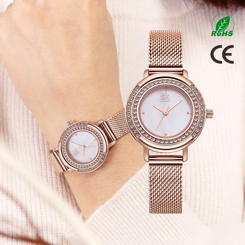 SK Elegant Women’s Quartz Watch – Luxury Waterproof Wristwatch with Steel Mesh Band