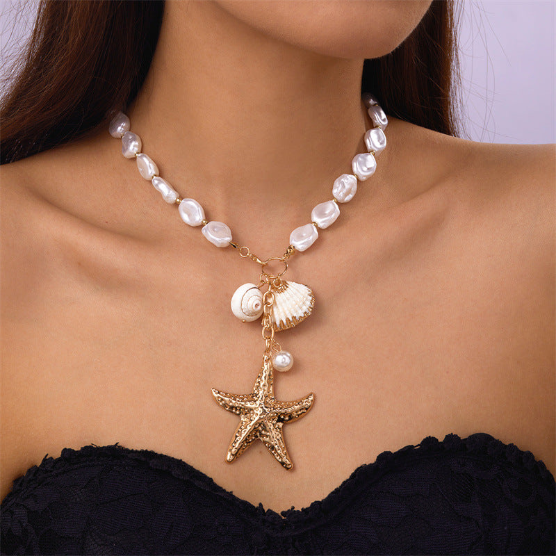 Starfish & Pearl Ocean Charm Necklace for Women – Fashionable Alloy Jewelry