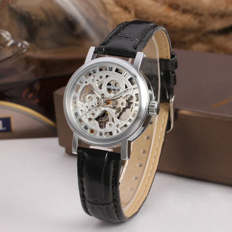 T-Winner Women's Skeleton Watch – Minimalist Leather Strap, Mechanical Timepiece