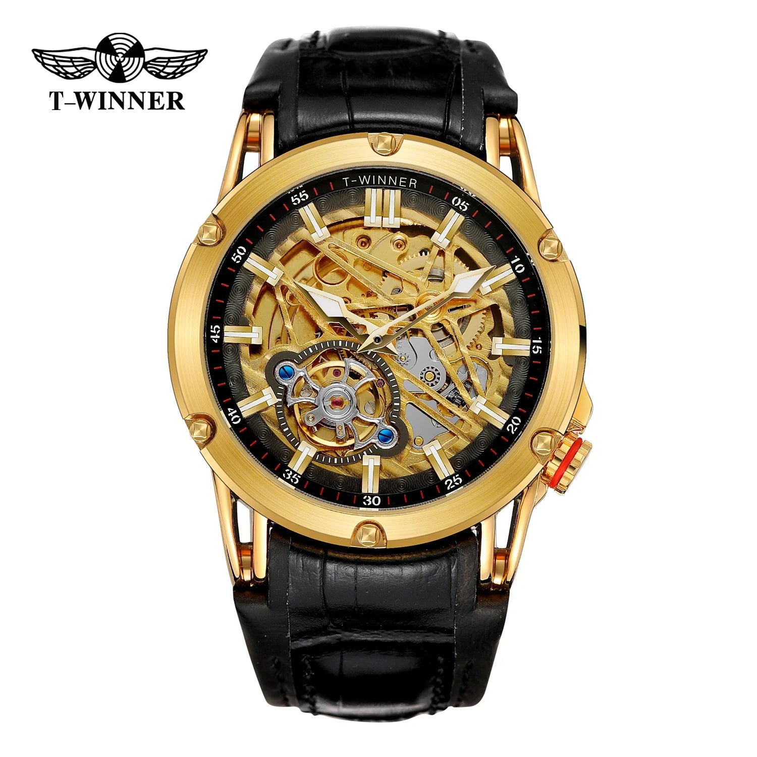 T-Winner Men’s Automatic Mechanical Watch – Elegant Leather Strap, Luminous Skeleton Dial