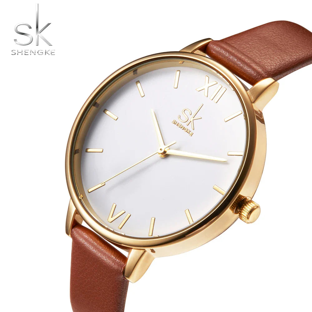 SK Women’s Quartz Leather Watch – Large Dial, Waterproof Casual Fashion Wristwatch