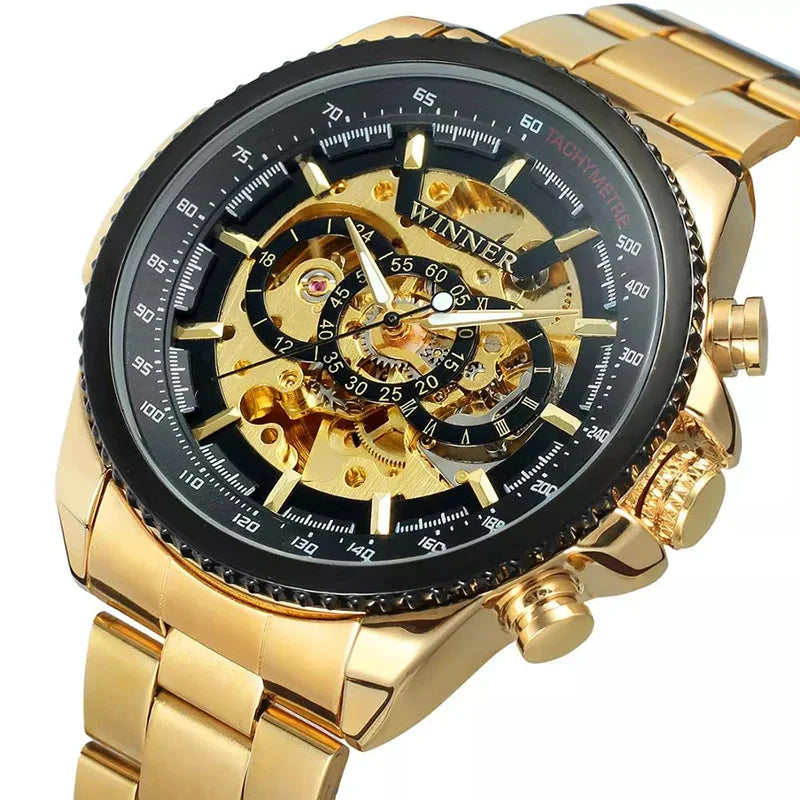 T-Winner Men’s Automatic Mechanical Skeleton Watch – Stainless Steel Band, Roman Dial