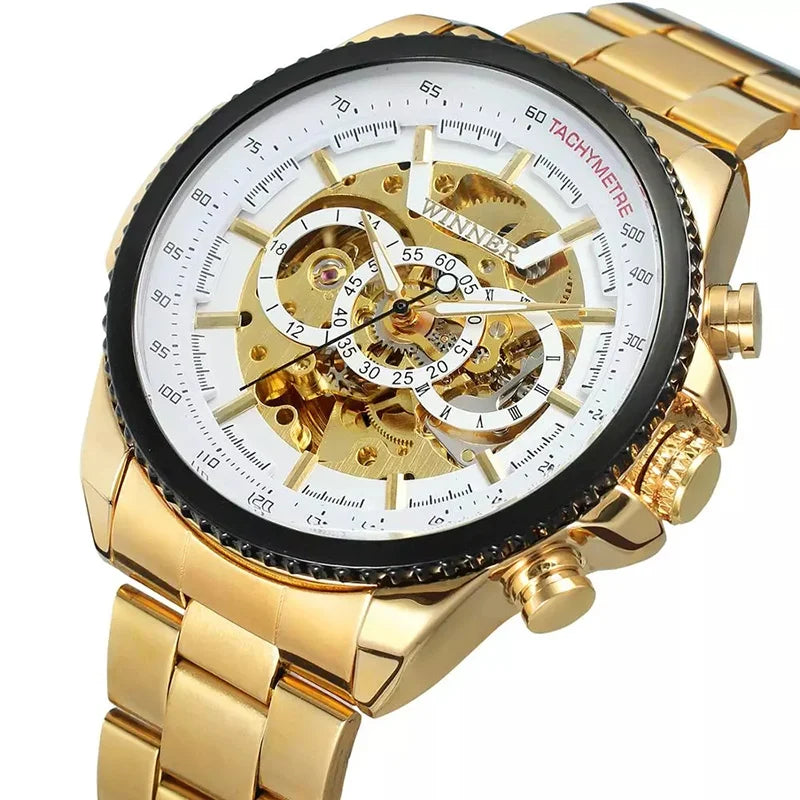 T-Winner Men’s Automatic Mechanical Skeleton Watch – Stainless Steel Band, Roman Dial