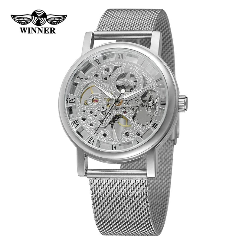 T-WINNER Men's Mechanical Skeleton Watch – Classic Stainless Steel Mesh Band Timepiece